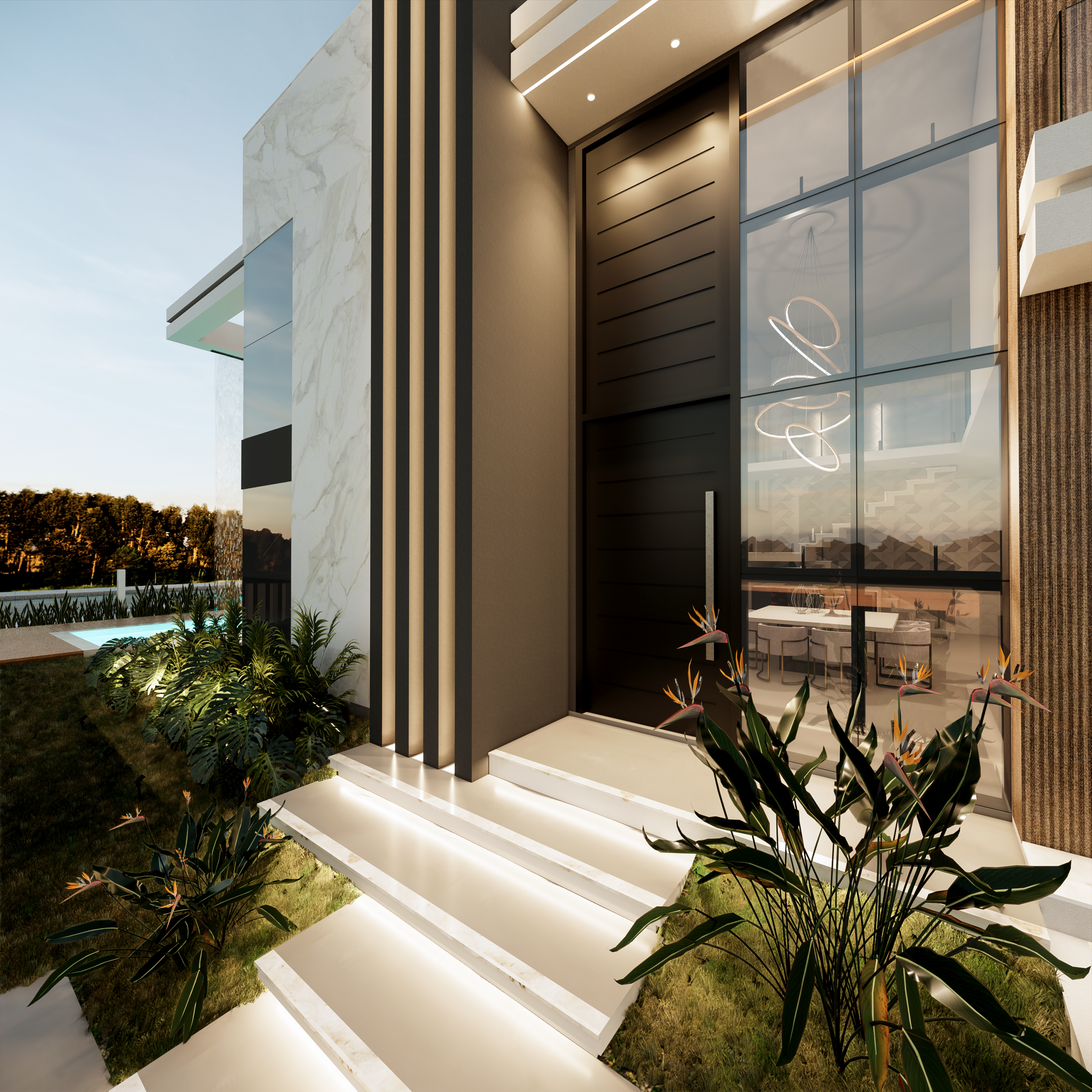 Stunning modern house entrance with landscaping and large windows in Brazil.